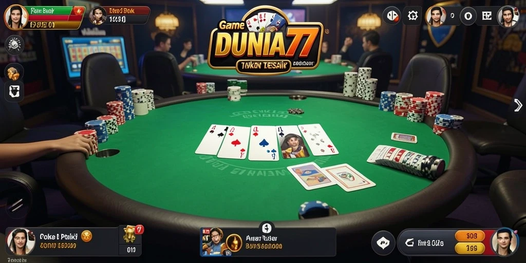 Tampilan gameplay seru dalam aplikasi DUNIA77 yang menampilkan aksi Poker.