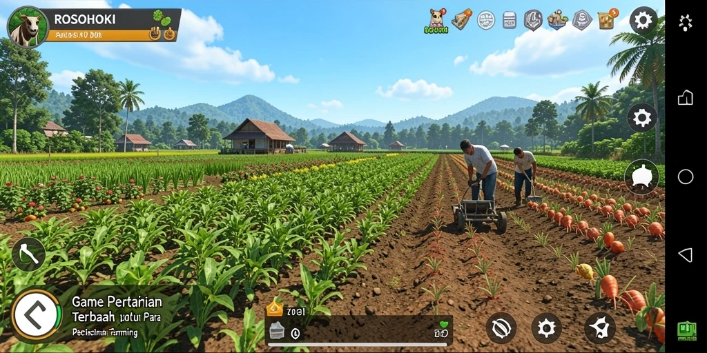Tampilan gamers saat bermain ROSOHOKI dengan fokus pada aktivitas bertani.