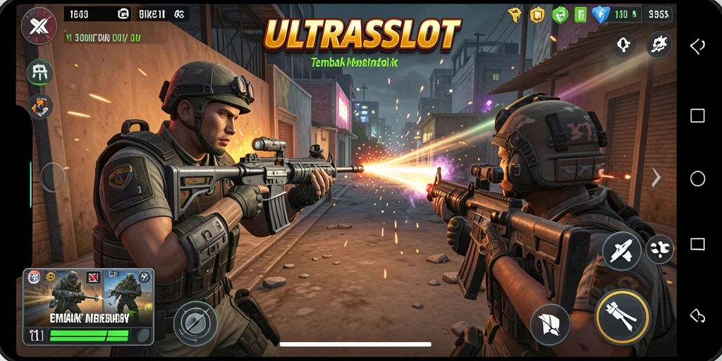 Screenshot gameplay ULTRASLOT yang menunjukkan aksi tembak-menembak yang mendebarkan.